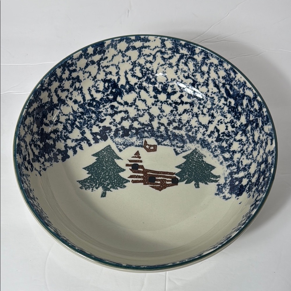 Folkcraft by Tienshan Cabin in the Snow Spongeware Round Vegetable Bowl